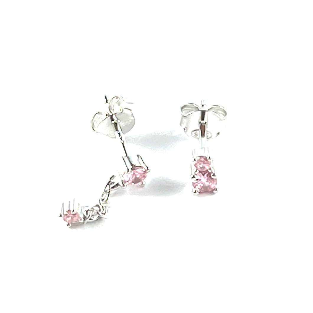 Pink stone & chain stone silver earring