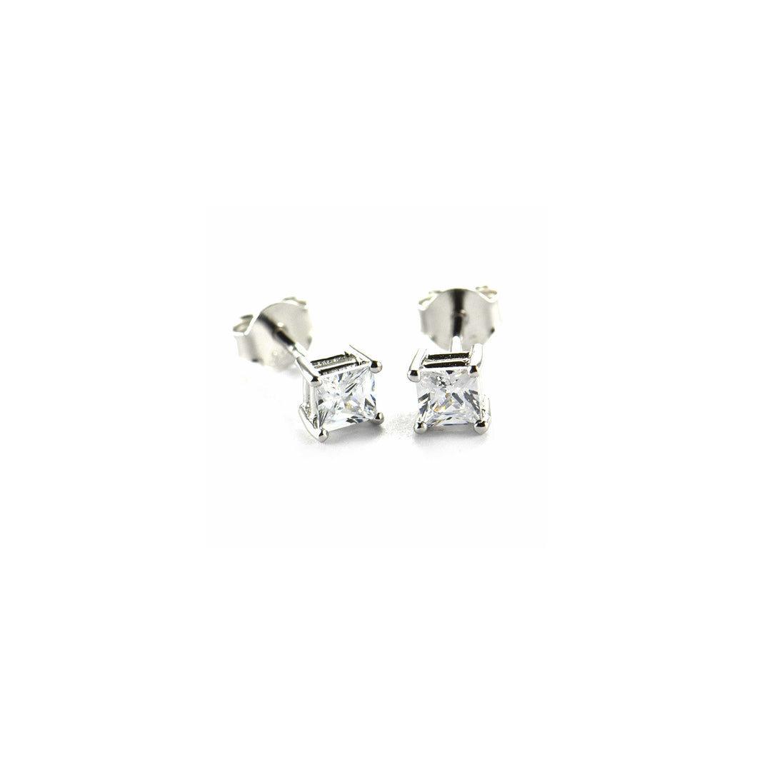 Prong setting stud silver earring with 3mm square CZ