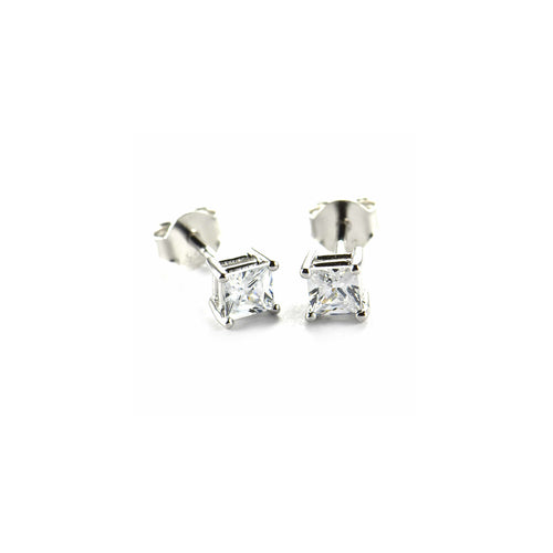 Prong setting stud silver earring with 4mm square CZ