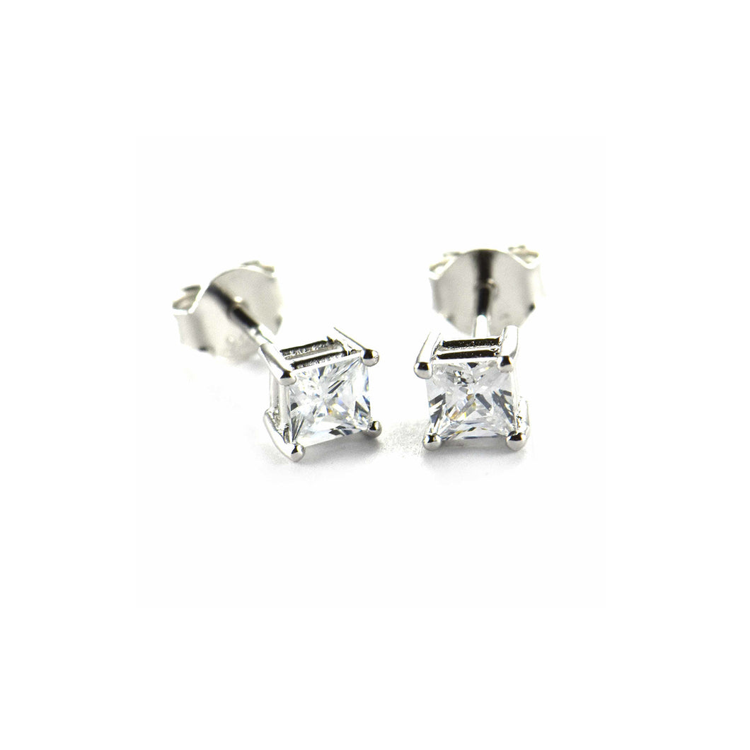 Prong setting stud silver earring with 5mm square CZ