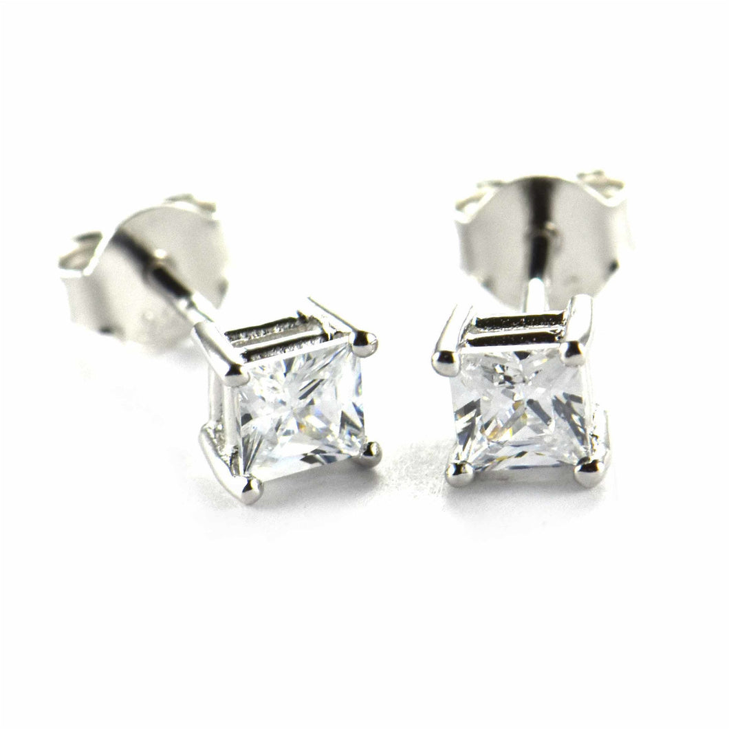 Prong setting stud silver earring with 6mm square CZ