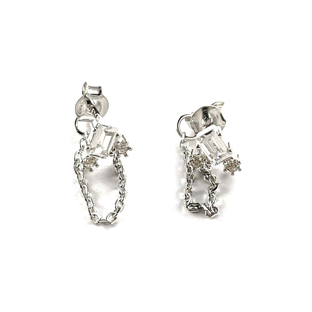 Rectangle CZ silver earring with chain