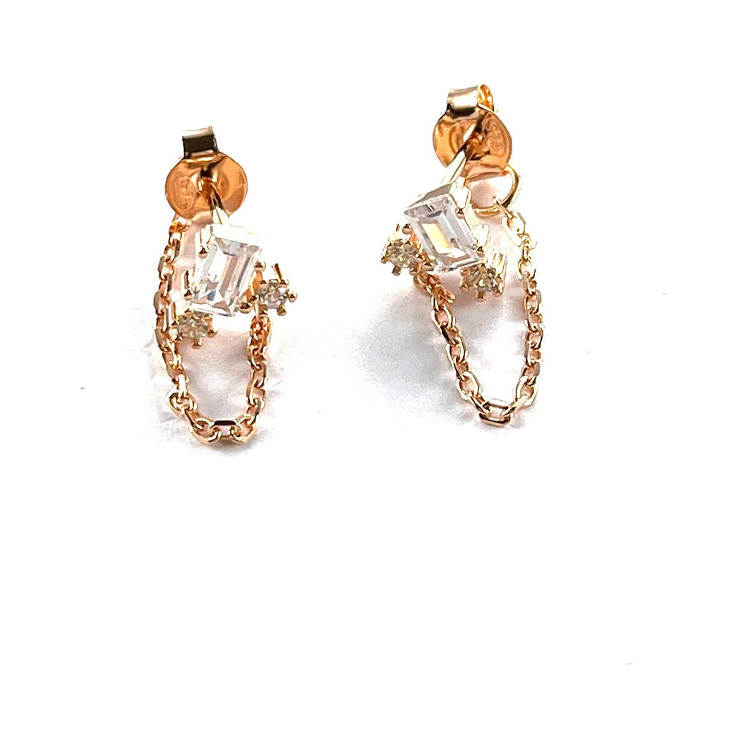 Rectangle CZ silver earring with chain & pink gold plating