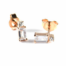Rectangle & circle white CZ studs silver earring with pink gold plating