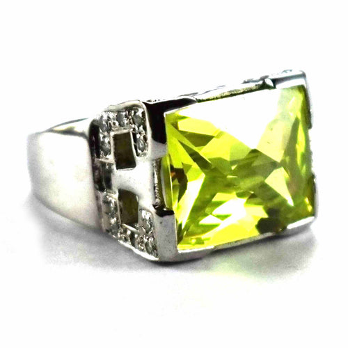 Rectangle green cubic zirconia silver ring