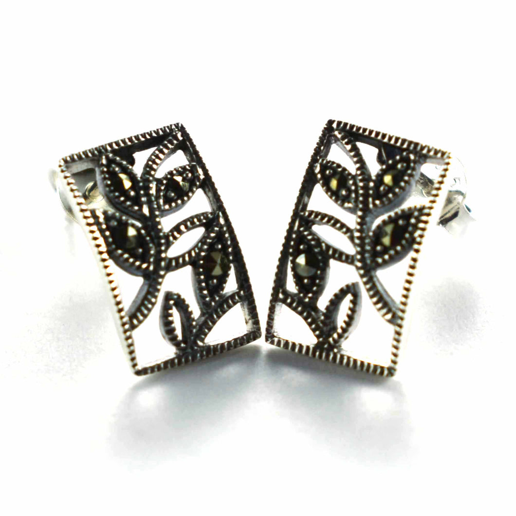 Rectangle silver earring with leaves pattern & marcasite