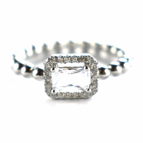Rectangle white CZ with ball pattern silver ring