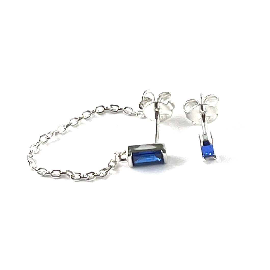 Rectangle blue stone silver earring with chain
