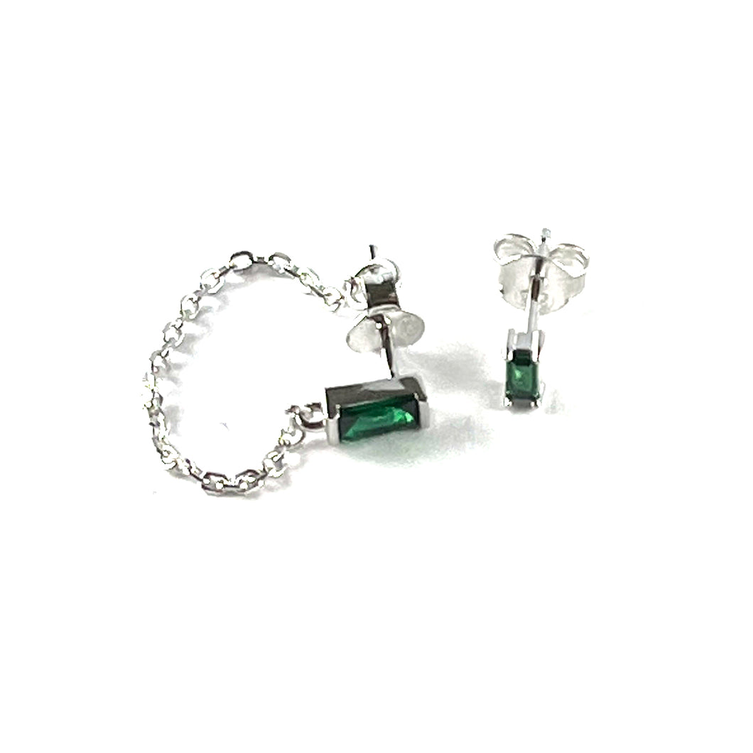 Rectangle green stone silver earring with chain