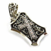 Rectangle silver pendant with cross pattern & white CZ
