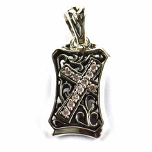 Rectangle silver pendant with cross pattern & white CZ