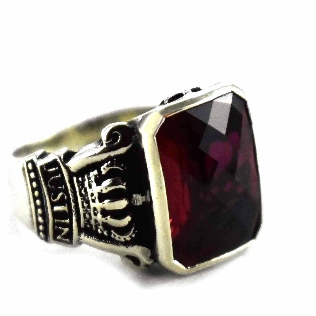 Red cubic zirconia with crown pattern silver ring