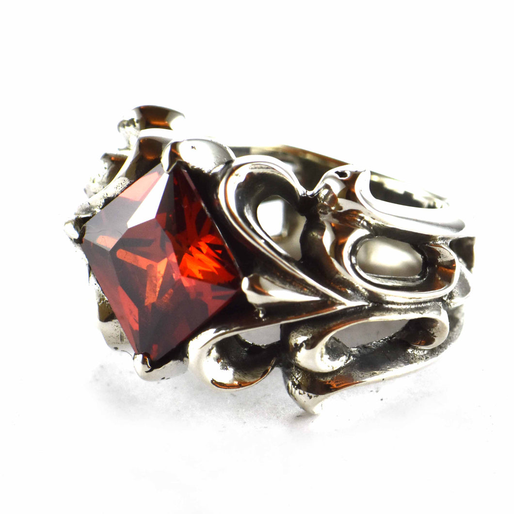 Red square CZ silver ring
