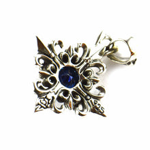 Rhombus silver pendant with cross pattern & dark blue CZ
