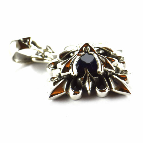 Rhombus silver pendant with cross pattern & dark blue CZ