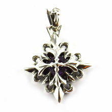 Rhombus silver pendant with cross pattern & purple CZ