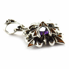 Rhombus silver pendant with cross pattern & purple CZ