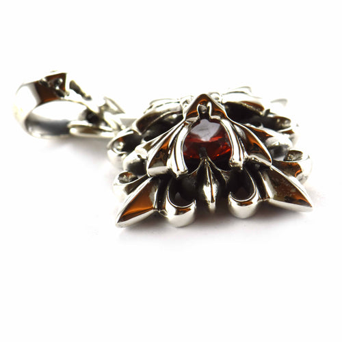 Rhombus silver pendant with cross pattern & red CZ