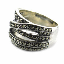 Ribbon pattern silver ring with marcasite & silver oxidize