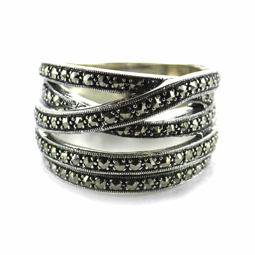Ribbon pattern silver ring with marcasite & silver oxidize