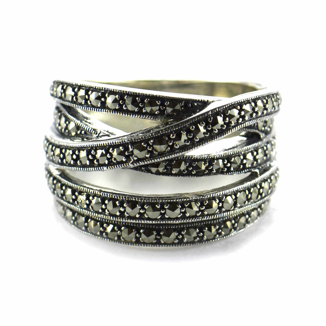 Ribbon pattern silver ring with marcasite & silver oxidize