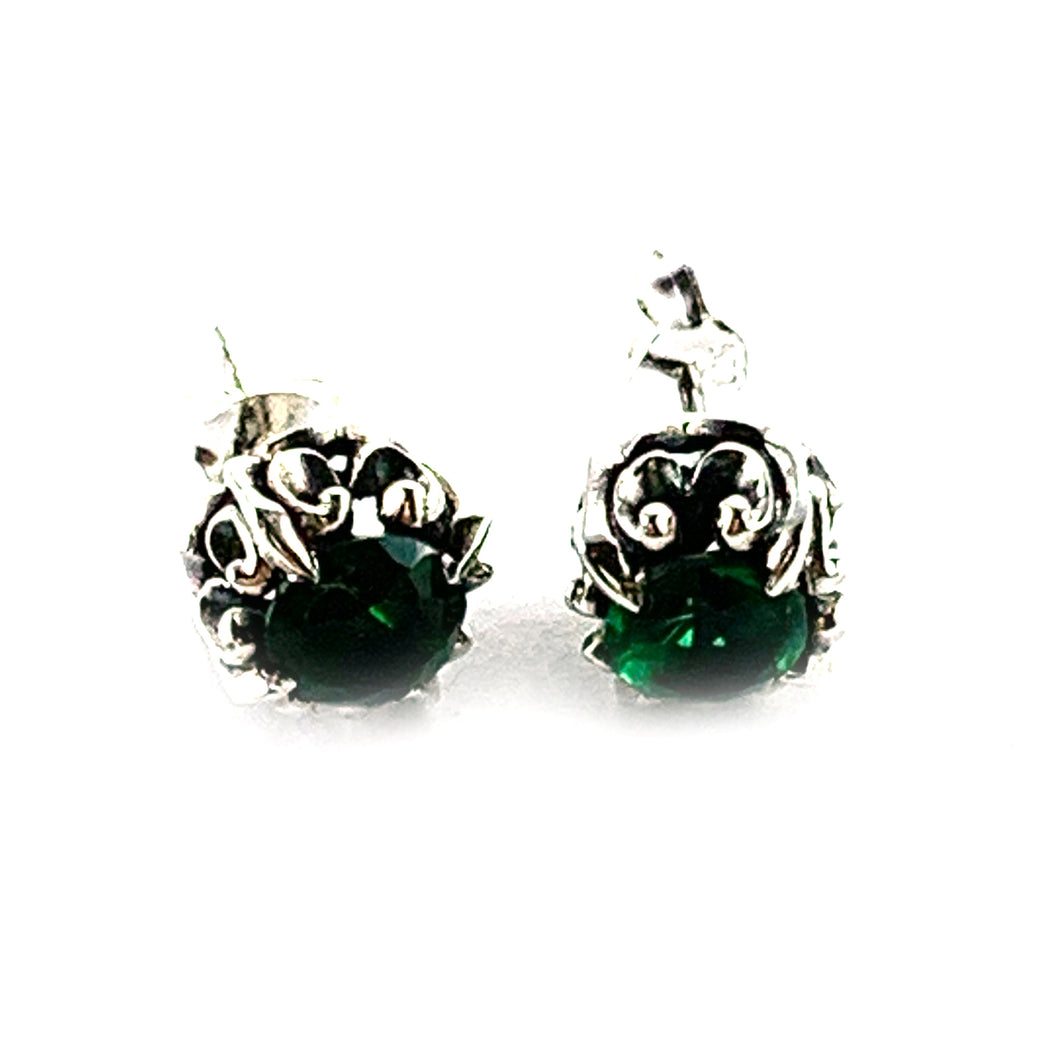 Rivet silver studs earring with dark green CZ