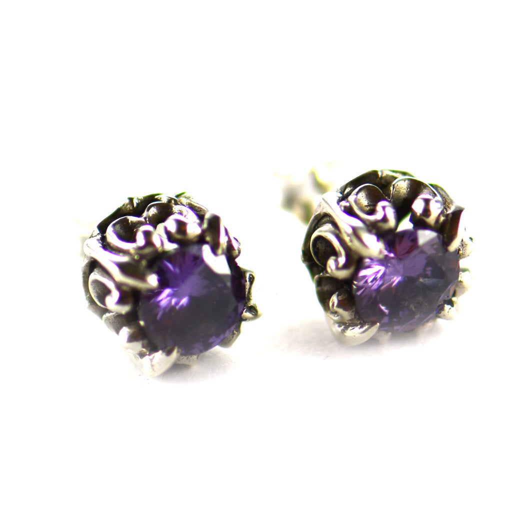 Rivet silver studs earring with purple CZ