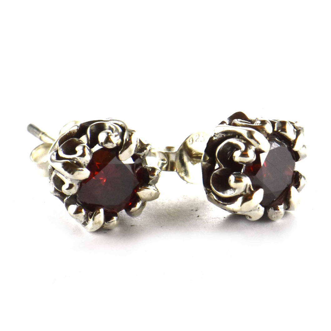 Rivet silver studs earring with red CZ