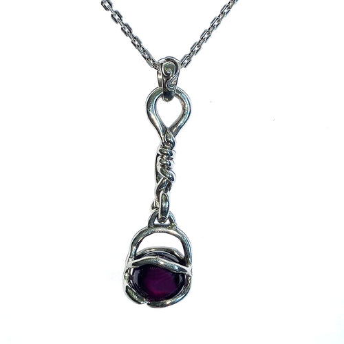 Rope silver pendant with purple ball CZ