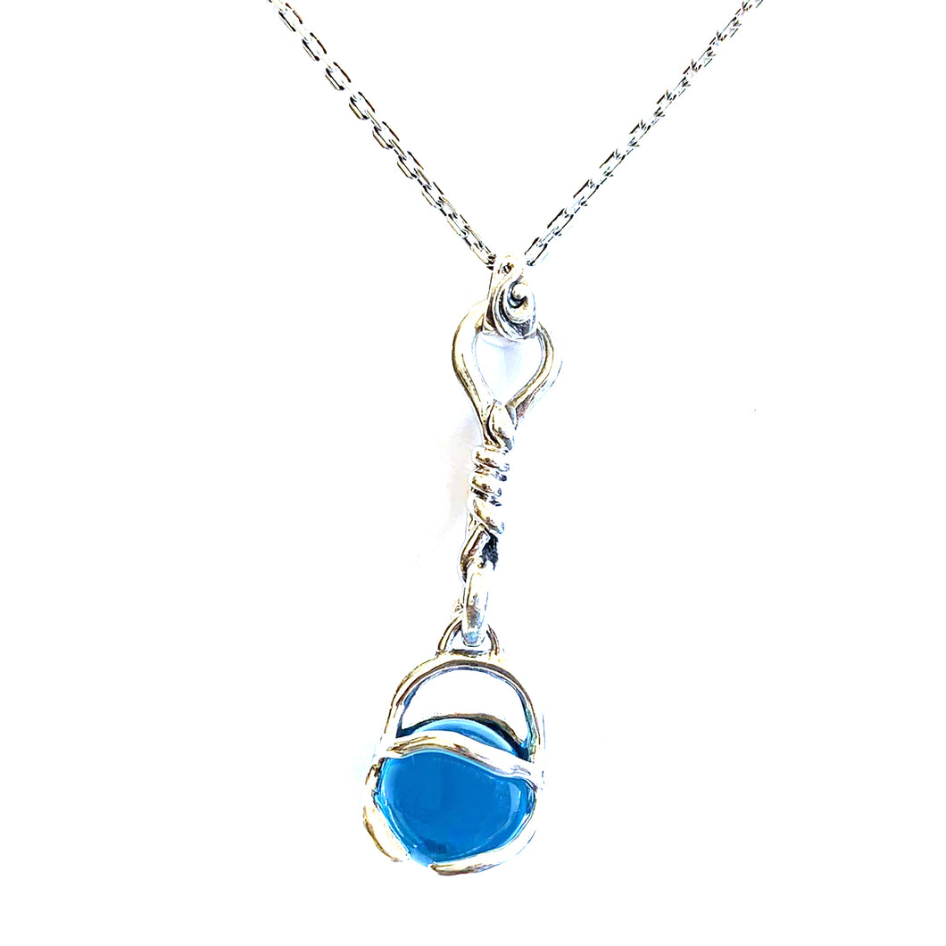 Rope silver pendant with blue ball CZ
