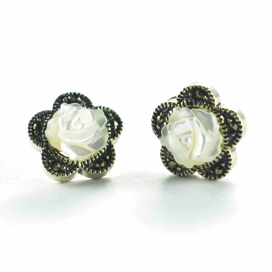 Rose studs silver earring with mother of pearl & marcasite