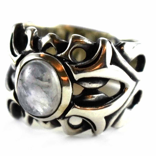 Round white crystal oxidize silver ring