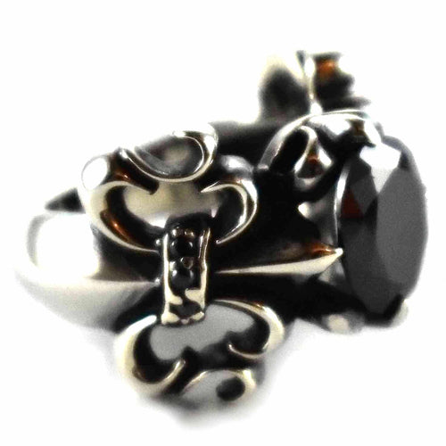 Scout pattern with oval black cubic zirconia silver ring