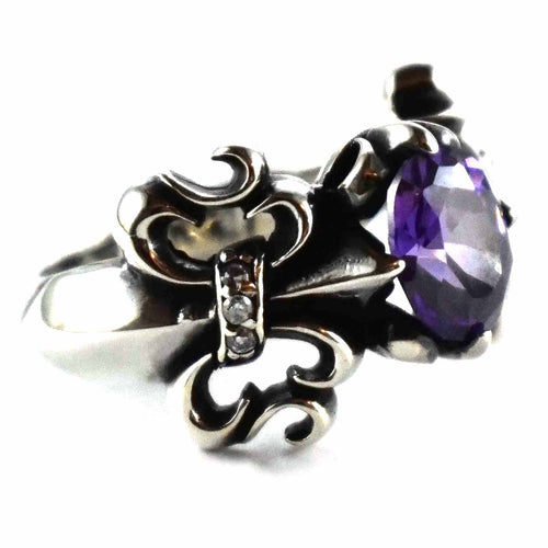 Scout pattern with oval purple cubic zirconia silver ring