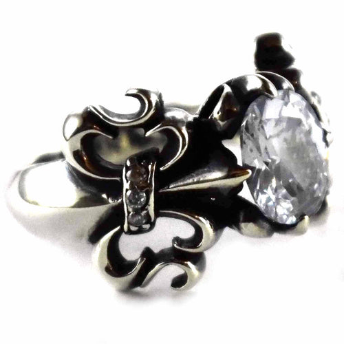 Scout pattern with oval white cubic zirconia silver ring