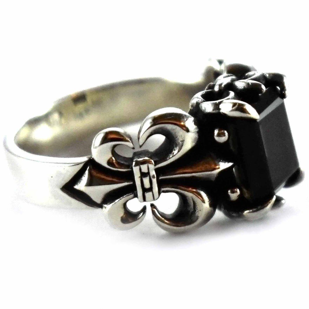 Scout pattern with square black cubic zirconia silver ring