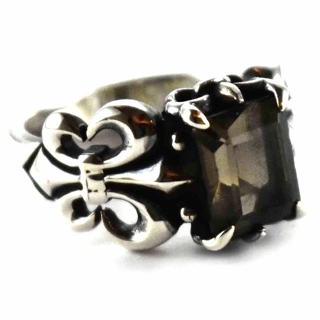 Scout pattern with square gray cubic zirconia silver ring