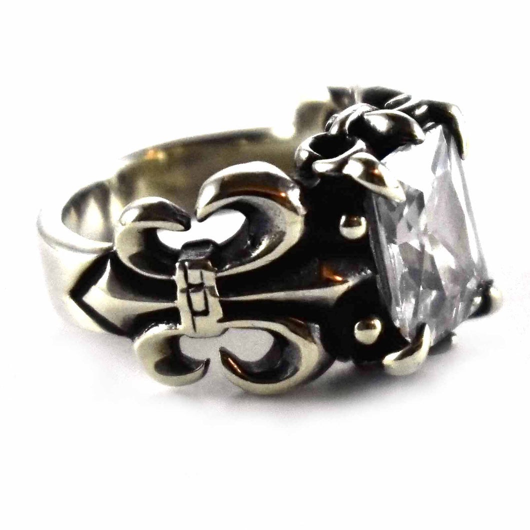 Scout pattern with square white cubic zirconia silver ring