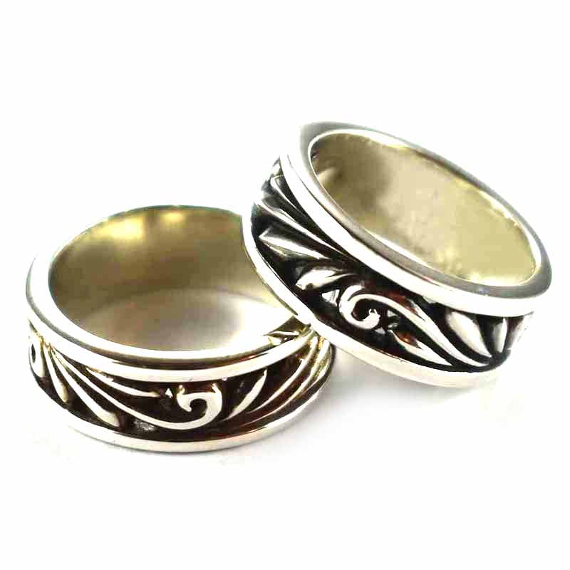Seagrass & Lace pattern oxidizing silver couple ring
