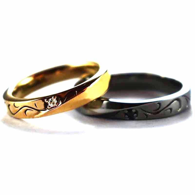 Seagrass pattern with pink gold & black rhodium silver couple ring