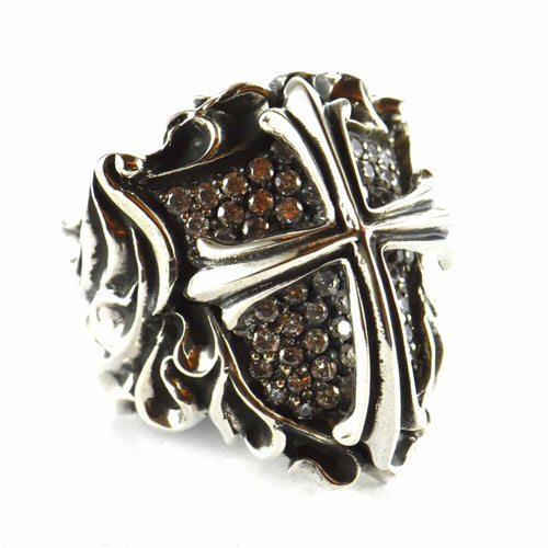 Shield & cross silver ring with white CZ