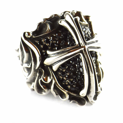 Shield & cross silver ring with black CZ
