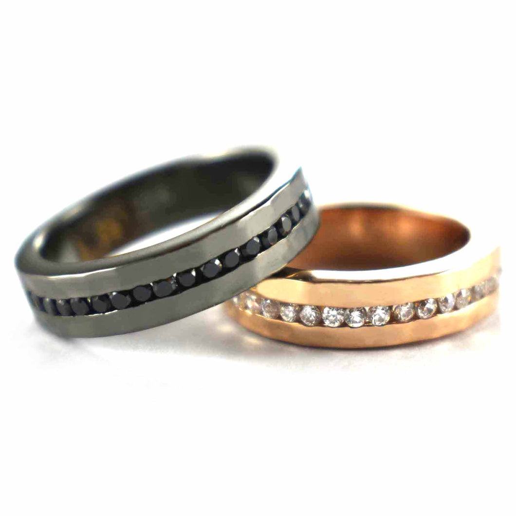 Half round of CZ silver couple ring with black rhodium & pink gold plating