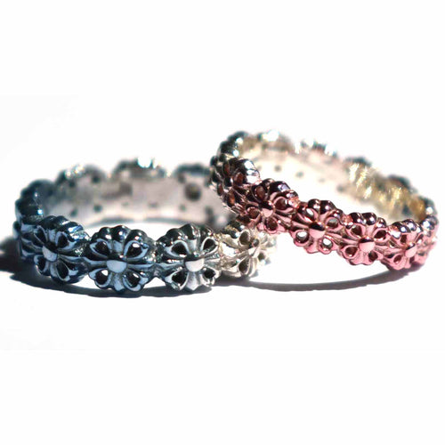 Silver cross couple ring with pink & blue plating