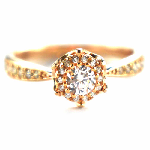 Silver ring with hexagon white CZ & pink gold plating