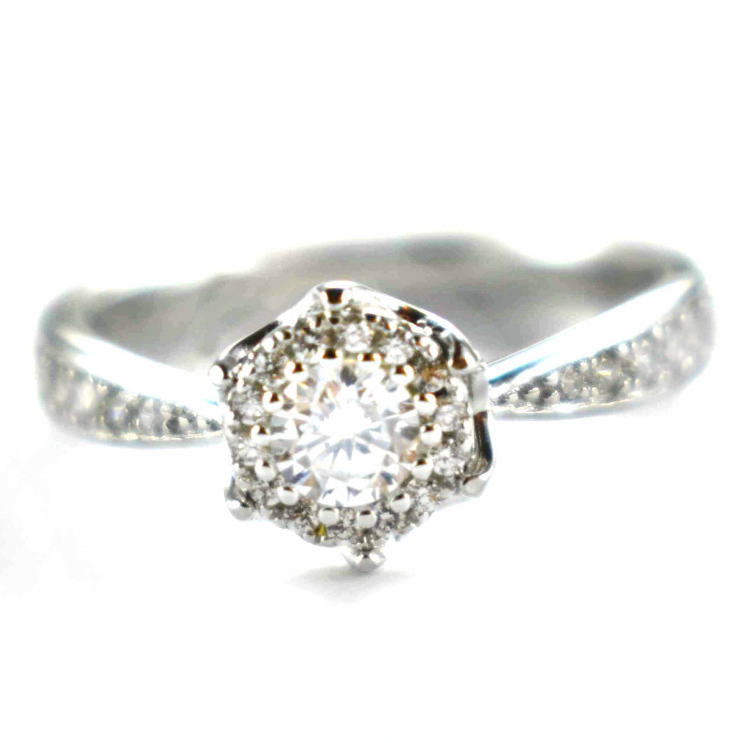 Silver ring with hexagon white CZ & platinum plating