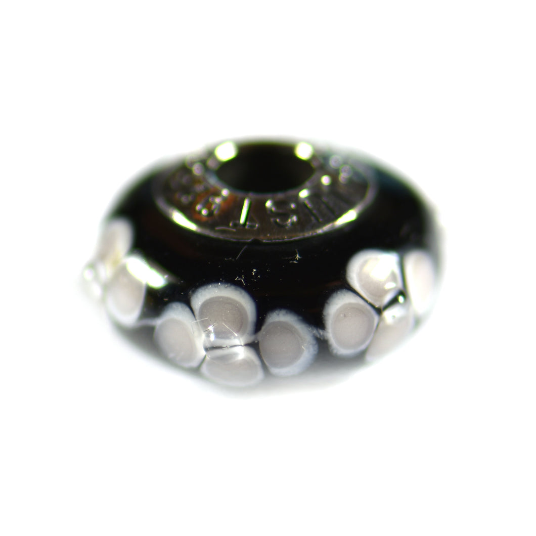 Silver beads with black glass & flower
