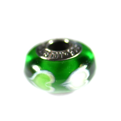 Silver beads with green glass & white flower