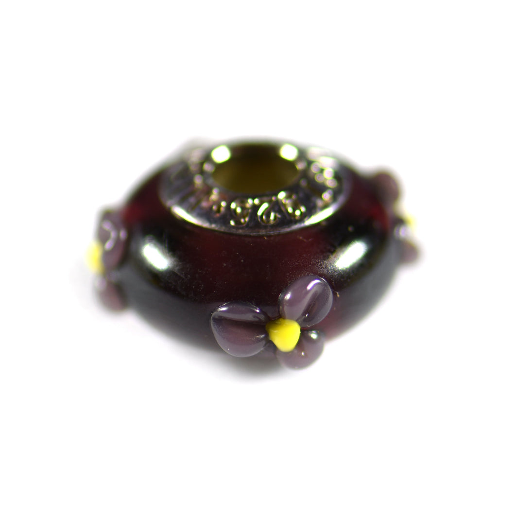 Silver beads with purple glass & yellow flower