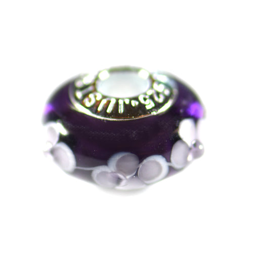Silver beads with purple glass & flower